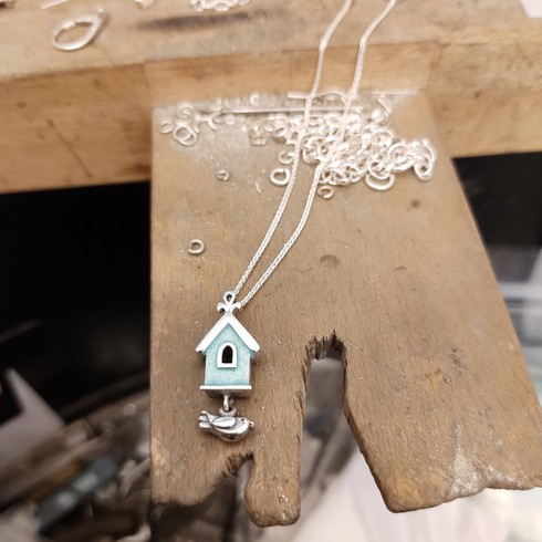 NEW aqua birdhouse pendant