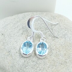 Small oval bezel sky blue topaz drop earrings