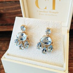 Ava . Solid gold and sky blue chandelier earrings