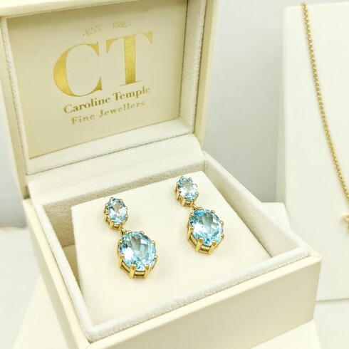 Large solid gold double drop sky blue topaz earrings