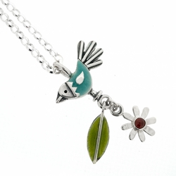 Blue Bird, Flower and Leaf Pendant