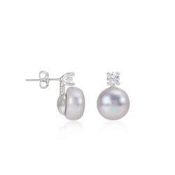 Silver grey freshwater pearl and zircon stud