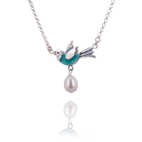 Pale Blue Enamel Flying Bird with Pearl Egg