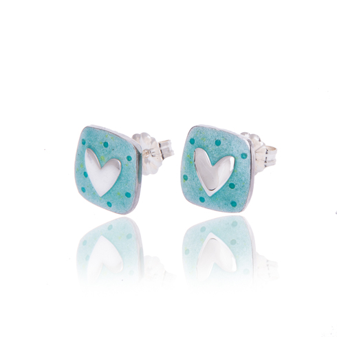 Aqua silver heart studs