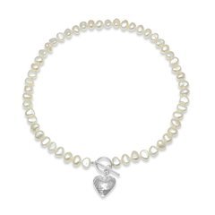 White freshwater pearl necklace with silver hammered heart